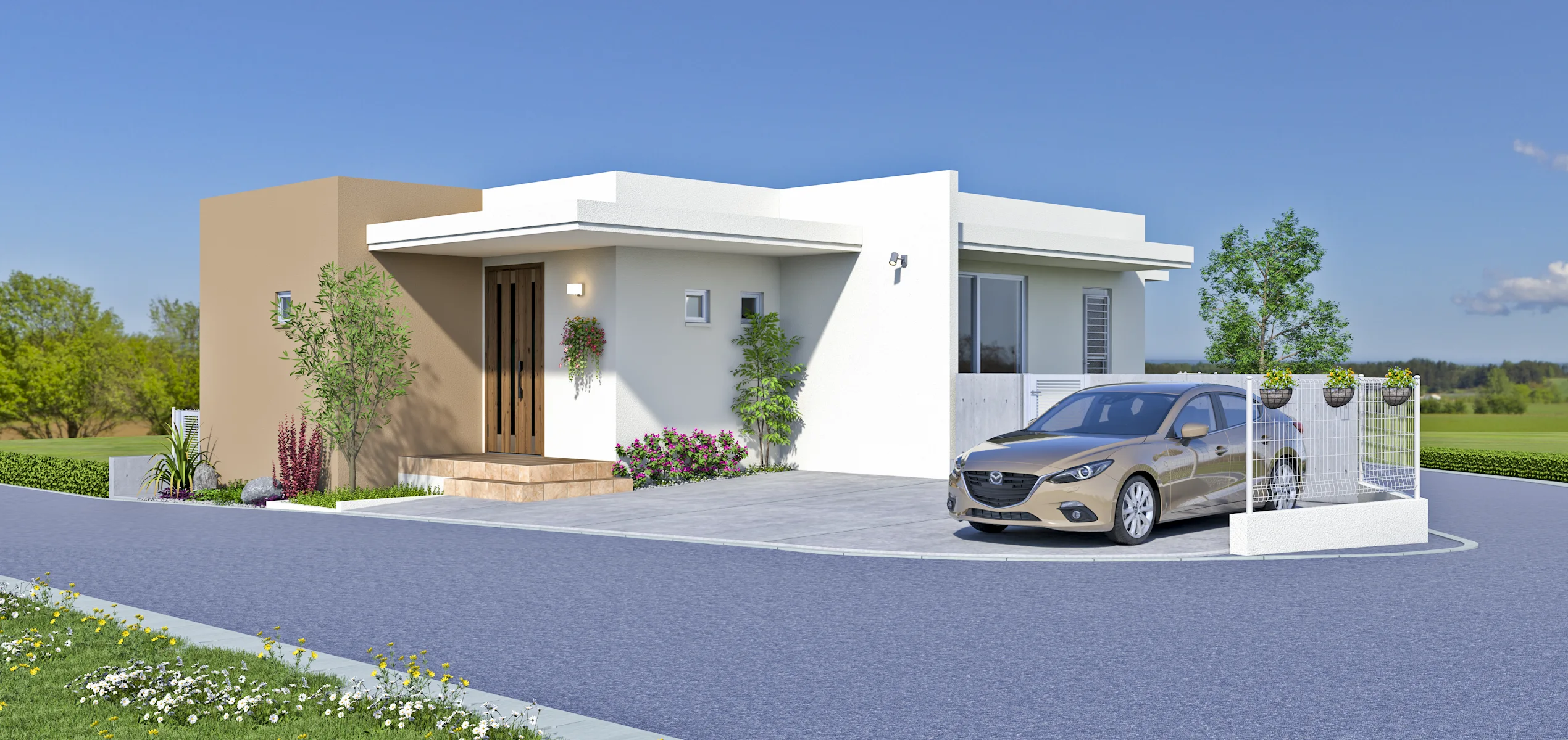 沖縄 モダンな平屋 住宅 外観パース