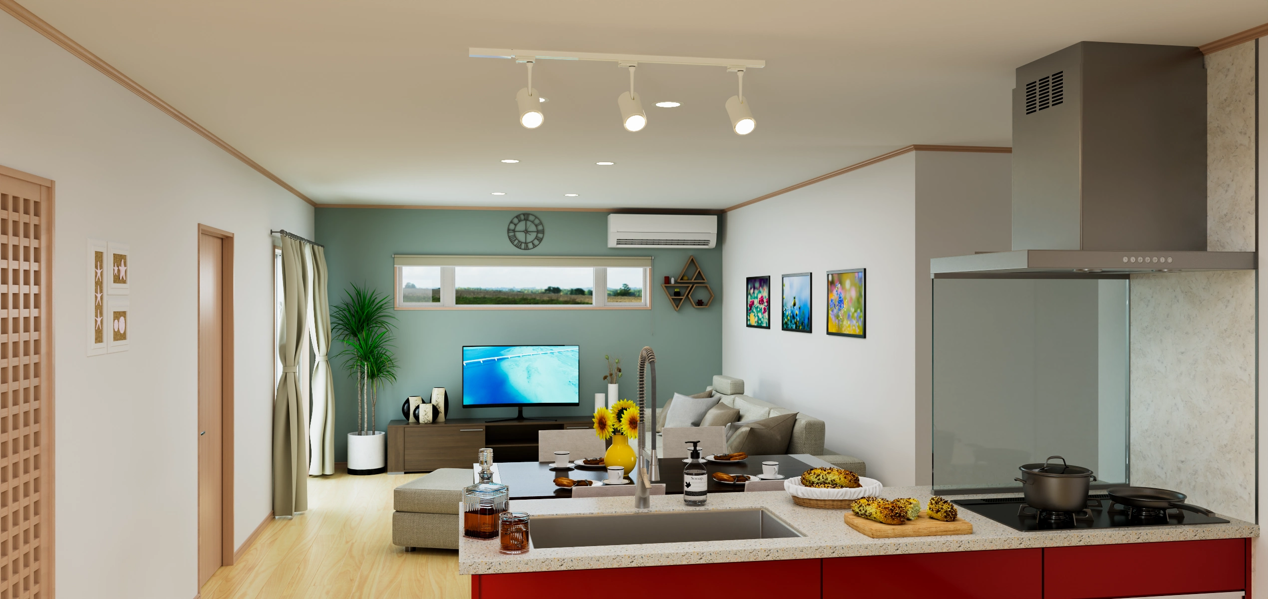 対面キッチンからリビングを望む 内観CGパース