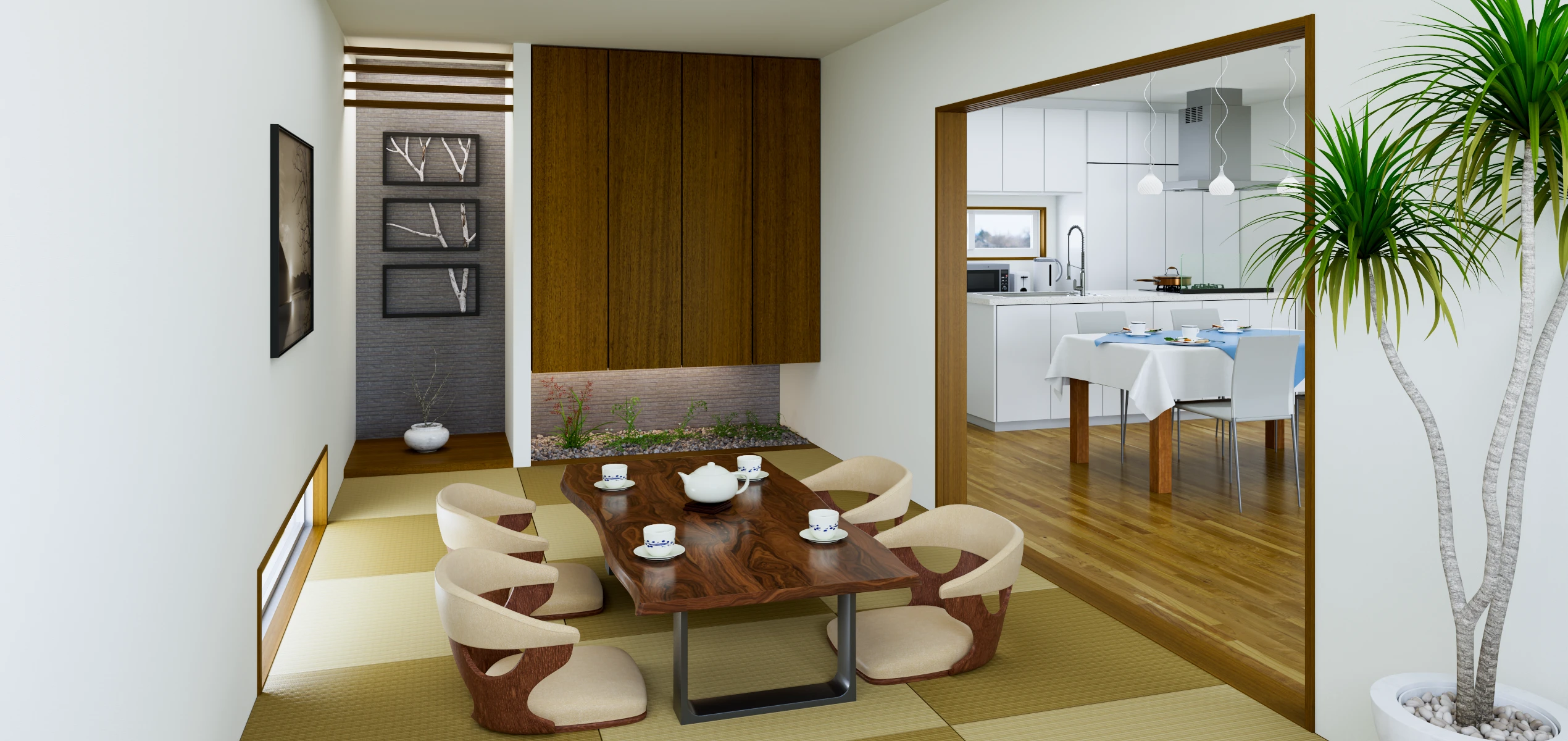 沖縄 和室から広がるLDK 内観パース